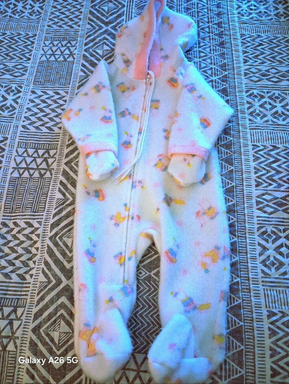 Carter's White /Pink Hooded Fleece One-Piece with Pink Trim and Multicolor Print